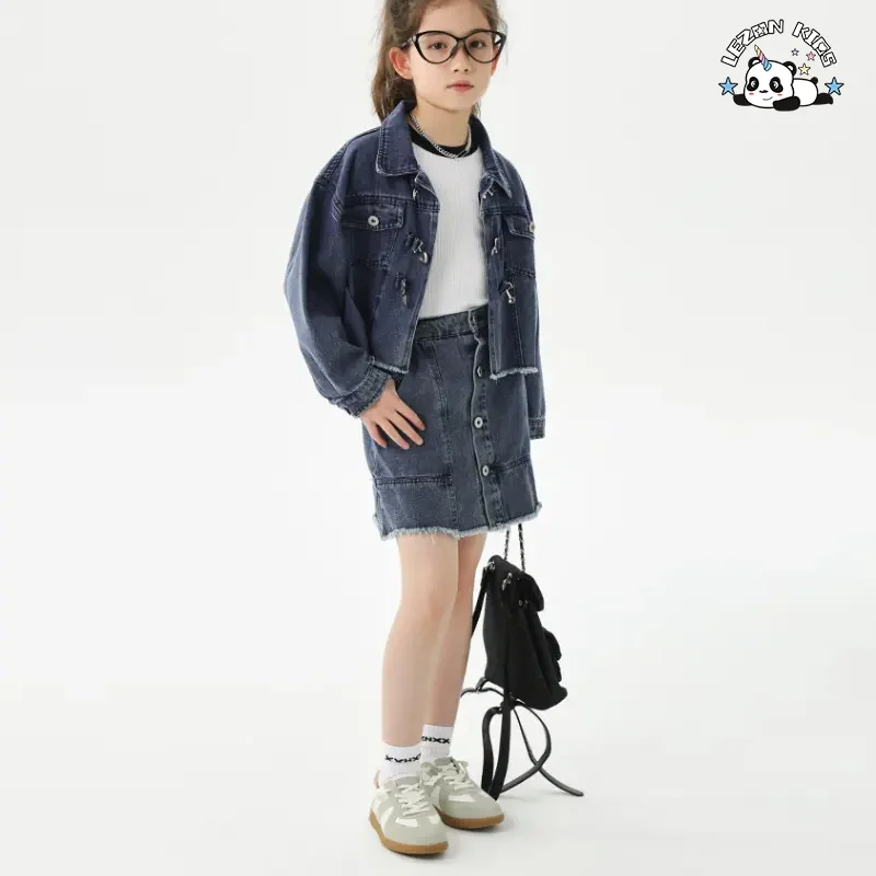 LEZONKIDS - Customizable Denim Long Sleeve Jacket Button Skirt Girls Two-piece Set Skirt Suit Kids Clothing Set